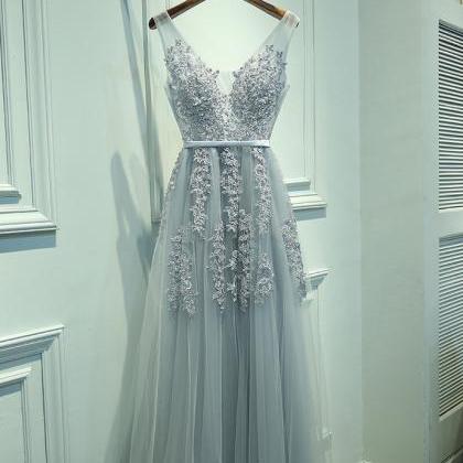 Ulass V Neckline Grey Lace Evening Prom Dresses,..