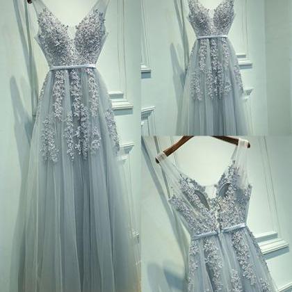 Ulass V Neckline Grey Lace Evening Prom Dresses,..
