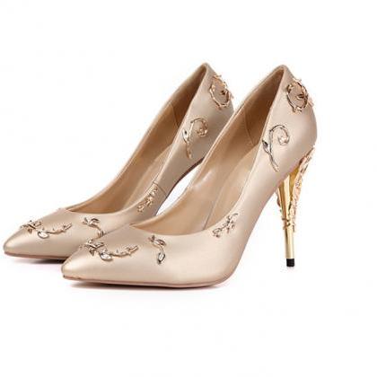 Pointed-toe Silk Stilettos With Gold Floral..