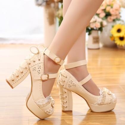 Ulass Lolita Pastel Color Lace Heeled Shoes