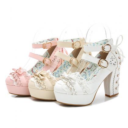 Ulass Lolita Pastel Color Lace Heeled Shoes