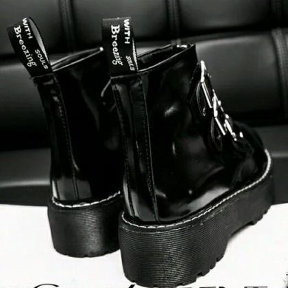 Black Faux Leather Combat Boots Featuring Buckle..