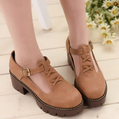 T-strap Chunky Cleated Sole Platform Shoes With..