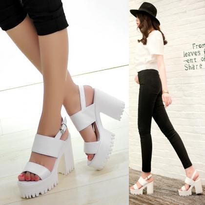 Ulass Black And White Double Strap Chunky Heel..
