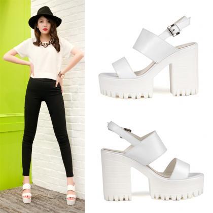 Ulass Black And White Double Strap Chunky Heel..