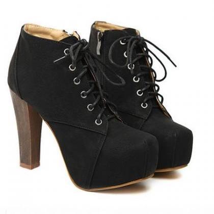 Ulass Black Lace Up Suede High Heel Boots St-078