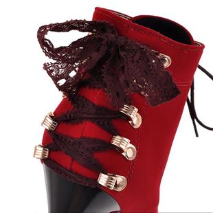 Ulass Red Suede High Heels Lace Up Ankle Boots..