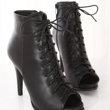 Peep Toe Leather High Heel Ankle Boots