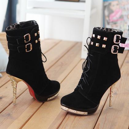 Ulasssexy Lace Up Rivets High Heels Suede Fashion..