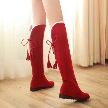 Ulass Stylish Red Suede Over The Knee Winter Boots..