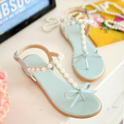 Pastel Color Pearls And Bows T Strap Sandals Flats