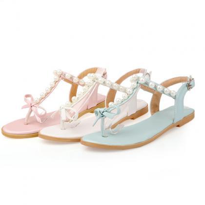 Pastel Color Pearls And Bows T Strap Sandals Flats