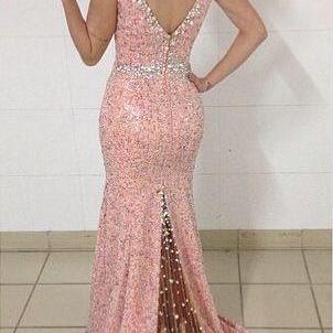 Ulass Pink Prom Dress, Sequins Prom Dress, Mermaid..