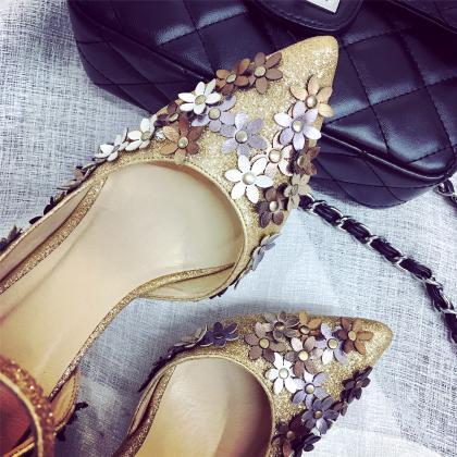 Floral Appliqués Glitter Pointed-toe Ankle Strap..