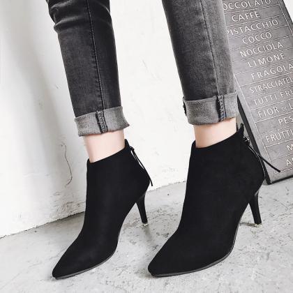Black Faux Suede Pointed-toe High Heel Ankle Boots..