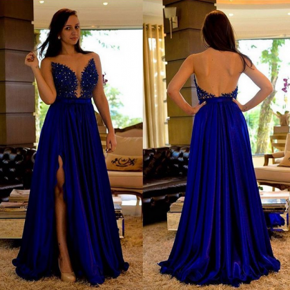 Ulass Sexy Backless Prom Dresses,royal Blue Lace..