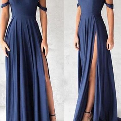 Ulass Navy Blue Shoulder Long Prom Dress, Evening..