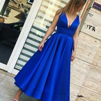 Ulass Simple Royal Blue V Neck Prom Dress, Tea..