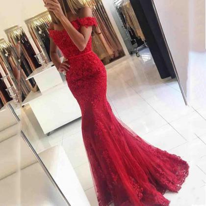 Ulass 2018 Prom Dresses,off Shoulder Red Lace..