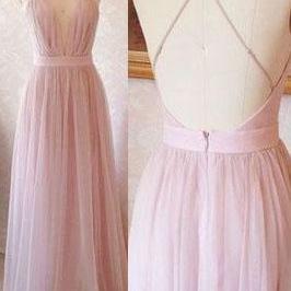 Simple A-line V-neck Long Pink Prom Dress With..