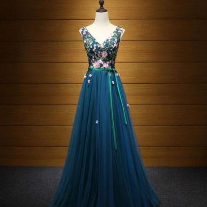 Elegant Blue V Neck Tulle Long Prom Dress, Evening..