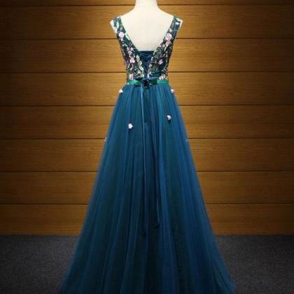 Elegant Blue V Neck Tulle Long Prom Dress, Evening..