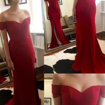 Sexy Slit Prom Dress,red Off Shoulder Party..