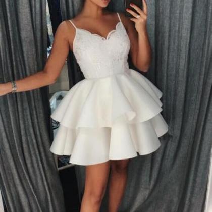 Cute White Spaghetti Straps Homecoming Dress With..