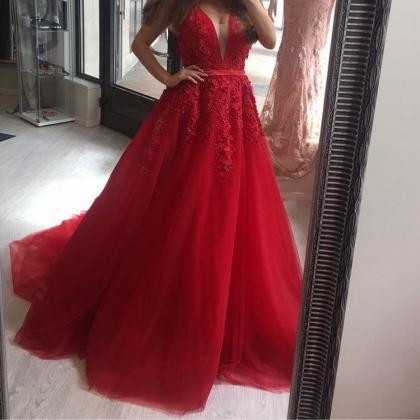 Red Tulle V-neckline Prom Dress 2018, Elegant..