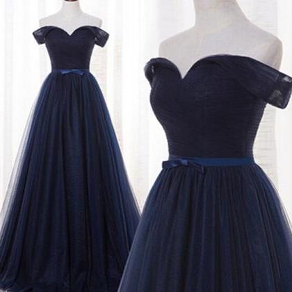 Beautiful Navy Blue Off Shoulder Tulle Long Prom..