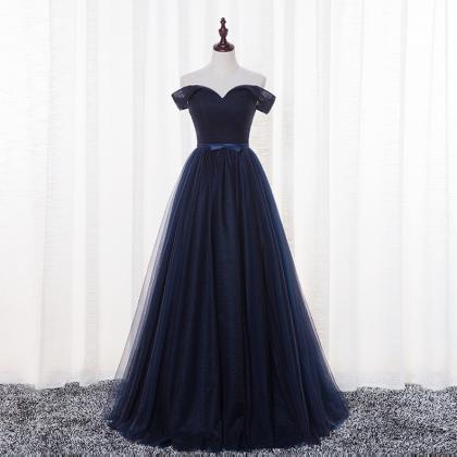 Beautiful Navy Blue Off Shoulder Tulle Long Prom..