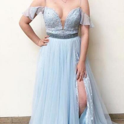 Light Sky Blue Prom Dress,elegant Straps Prom..