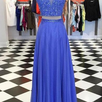 Ulass Two-piece Beading Prom Dress,v-neck Blue..