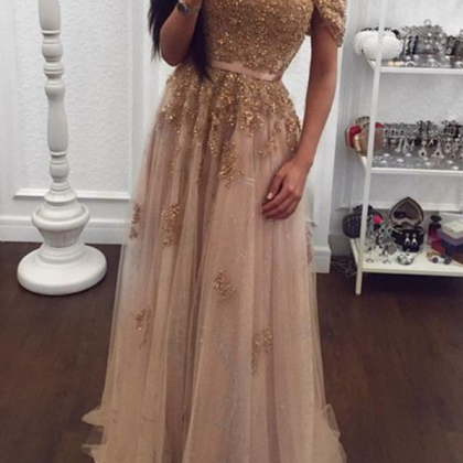 Gold Lace Beaded Sweetheart Tulle Prom Dresses..