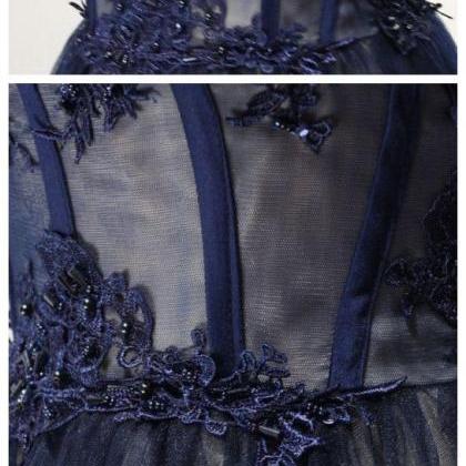 A-line, Strapless, Dark Navy, Tulle, Simple Prom..
