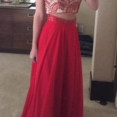 Red Two Pieces Prom Dress,chiffon Prom Dress,long..