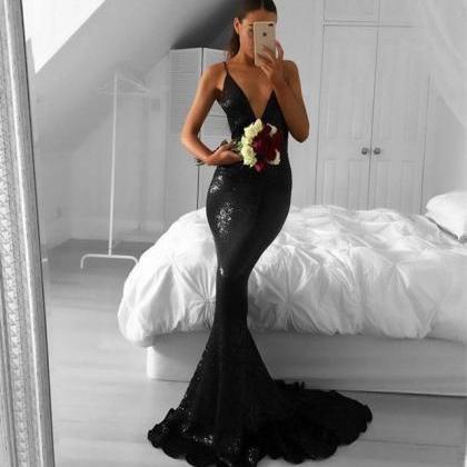 Prom Dresses 2018 Black Sequined Sexy Mermaid..