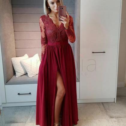 Long Sleeves Wine Red Prom Dress.formal Occasion..