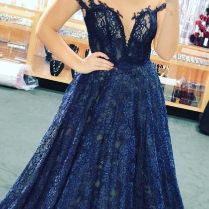 Appliques Lace Evening Dress, Sexy Blue Long Prom..