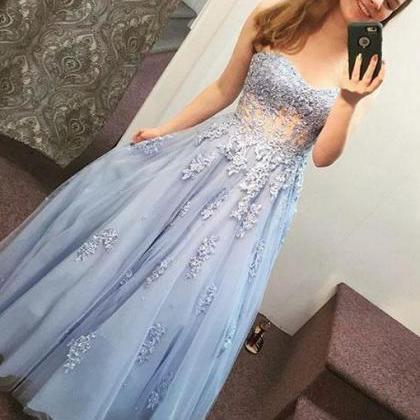 Blue Sweetheart Lace Long Prom Dress,strapless..