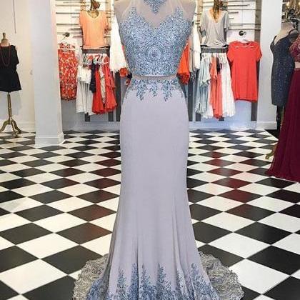 Charming Grey High Neck Lace Two-piece Prom..