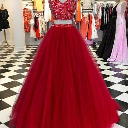 Charming V-neck Beaded Two Piece Long Prom..