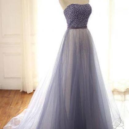 2018 Strapless Blue Beaded Tulle Prom Dress,a-line..