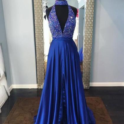 Stunning Royal Blue High Neck Prom Dress With..