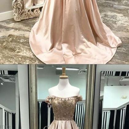 Champagne Satin Beaded Long Prom Dress, Off..