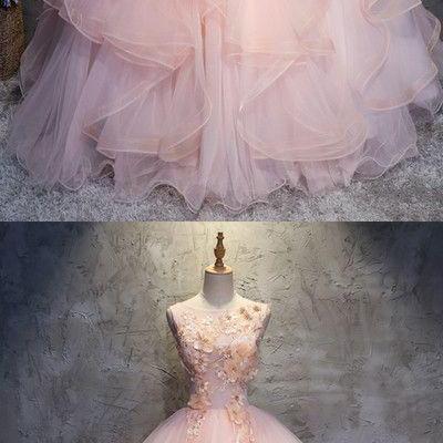 Fashion Pink Round Neck A-line Tulle Long Prom..