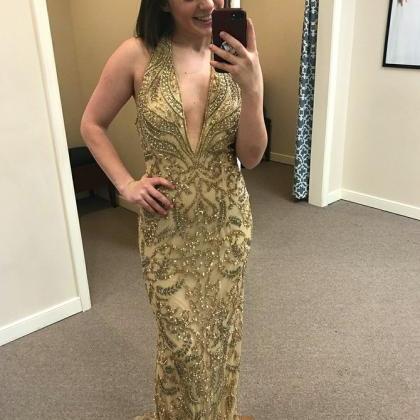 Sheath V-neck Sweep Train Gold Lace Prom Dress..