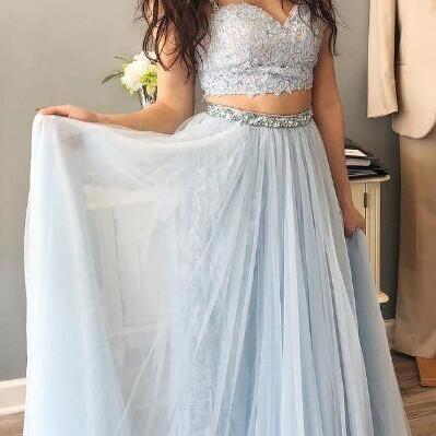 Princess Straps Light Sky Blue Long Prom Dress..