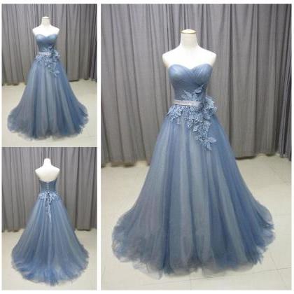 Gray Blue Sweetheart Neck Tulle Long Prom Dress,..