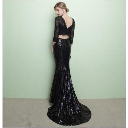 Black Lace Two Piece Prom Dresses With Long..